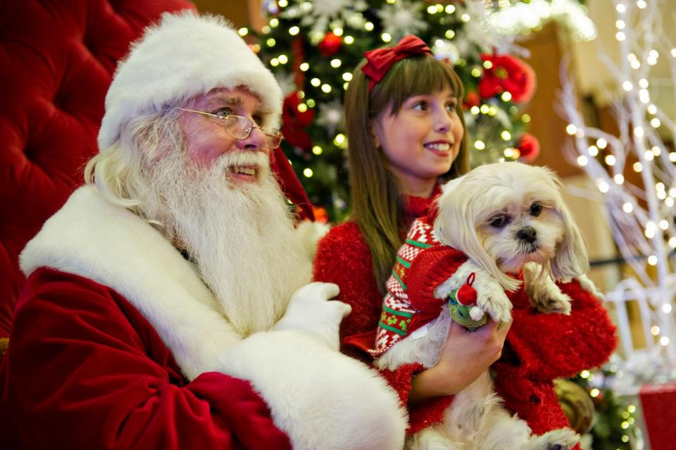 2009 The jolly old man will make his first appearance in Macy's court on Nov. 3 in Atlanta. While you're there, the kiddos may want to swing by to see “Priscilla,” Macy's Pink Pig train ride Of course there will also be a giant Christmas tree.