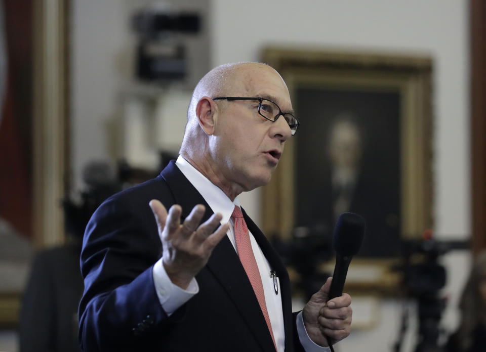 FILE - In this Feb. 7, 2017, file photo, state Sen. John Whitmire, D-Houston, speaks at the Texas Capitol in Austin, Texas. Texas prison officials say the last written words of condemned inmates will no longer be shared publicly in another change to execution-day procedures in the nation's busiest death chamber. Whitmire had chastised prison officials for reading an avowed racist's final written statement after he was executed last week for the 1998 dragging death of James Byrd Jr., a black man. (AP Photo/Eric Gay, File)
