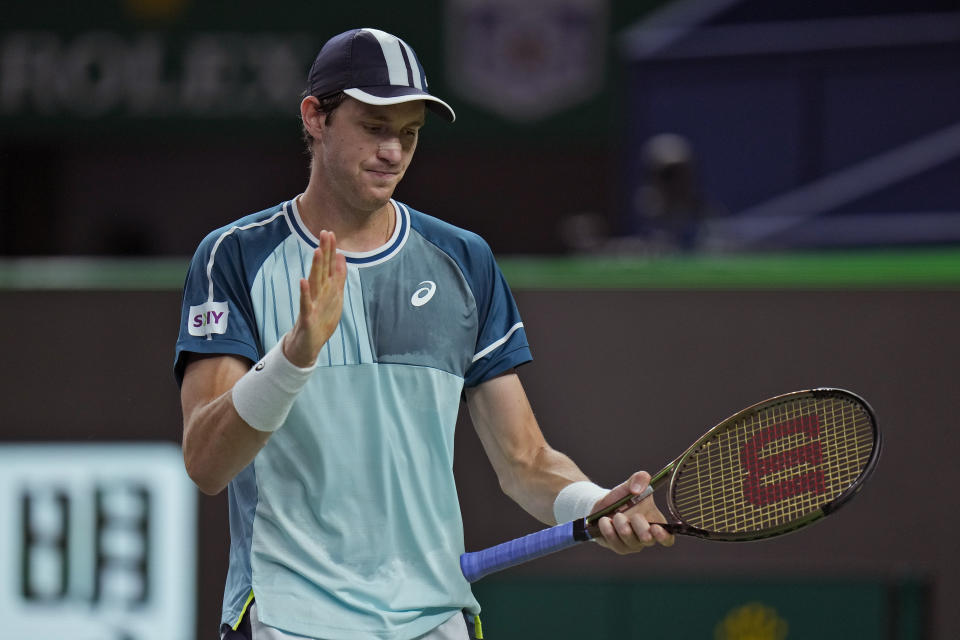 Nicolas Jarry of Chile reacts during the men's singles quarterfinal match against Grigor Dimitrov of Bulgaria in the Shanghai Masters tennis tournament at Qizhong Forest Sports City Tennis Center in Shanghai, China, Friday, Oct. 13, 2023. (AP Photo/Andy Wong)