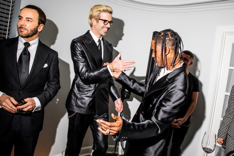 GQ MOTY co-hosts Tom Ford and Travis Scott with GQ global editorial director Will Welch