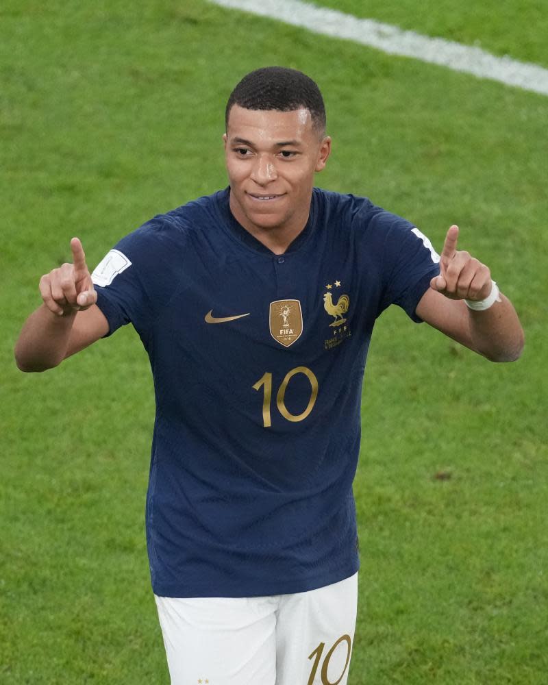 Kylian Mbappé celebrates scoring France’s third goal in their 3-1 win against Poland last Sunday