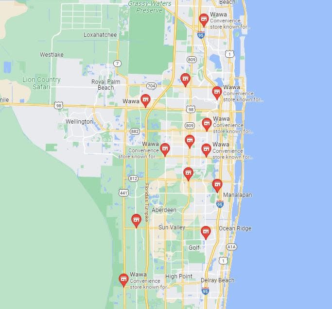 Wawa locations in Palm Beach County, February 2023.