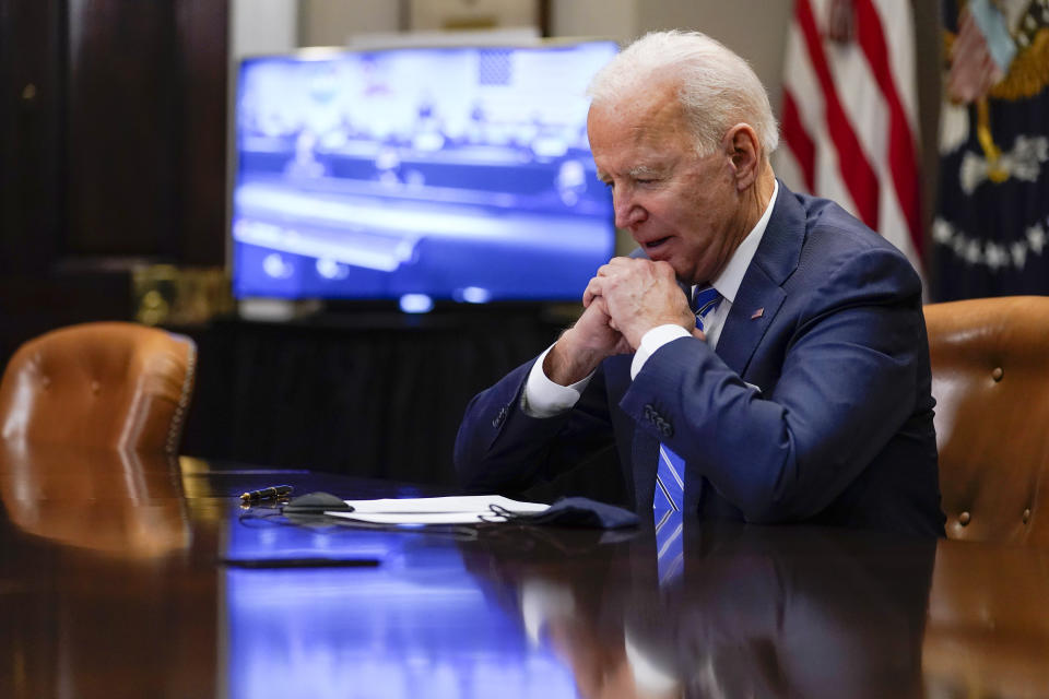 President Joe Biden speaks with NASA's Jet Propulsion Laboratory Mars 2020 Perseverance team, after congratulating them for successfully landing on Mars, during a virtual call in the Roosevelt Room at the White House, Thursday, March 4, 2021. (AP Photo/Andrew Harnik)