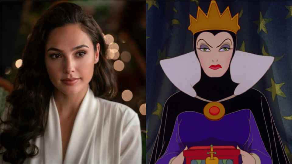 A side by side of Gal Gadot as Diana Prince in Wonder Woman 1984 and the Evil Queen from Disney's Snow White