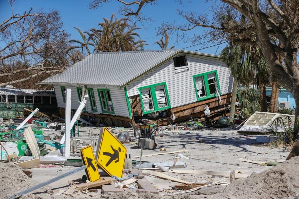 A home damaged by Hurricane Ian on Fort Myers Beach is seen on Monday, Oct. 3, 2022.