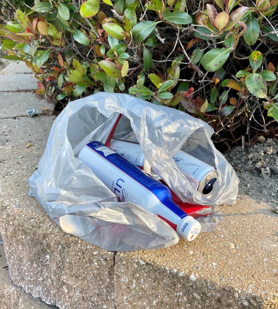This bag of litter was left Tuesday, Feb. 15, 2022, in front of a green space on Constitution Avenue.