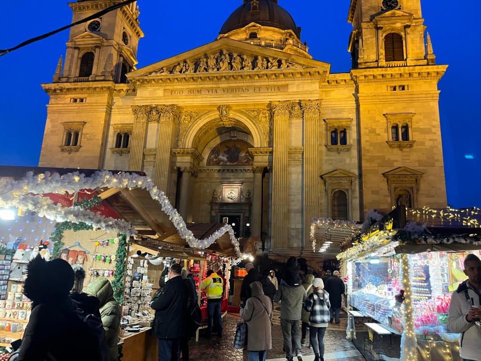 shot of the christmas market outside st stephan's church in Budapest Hungary