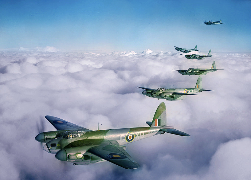 No. 105 Squadron Mosquito B.IVs. The B.IV was the first Mosquito to enter service with BOAC and remained popular with crews after the introduction of the subsequent FB.VI because it was a few miles per hour faster. <em>Crown Copyright</em>