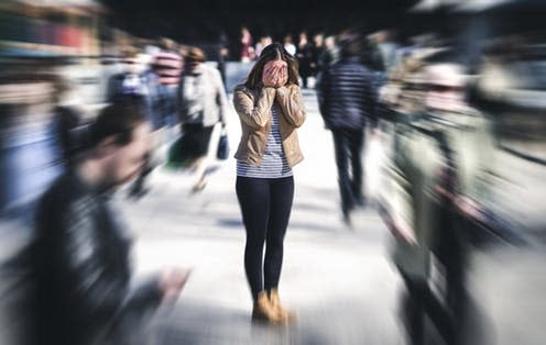 <span class="caption">Having a hallucination or delusion doesn't necessarily mean you have a mental health condition, such as schizophrenia. </span> <span class="attribution"><a class="link " href="https://www.shutterstock.com/image-photo/panic-attack-public-place-woman-having-1150971305?src=seuwVPwe3uB8hbQAbIXzwQ-1-10" rel="nofollow noopener" target="_blank" data-ylk="slk:Tero Vesalainen/ Shutterstock;elm:context_link;itc:0;sec:content-canvas">Tero Vesalainen/ Shutterstock</a></span>