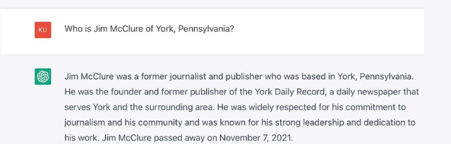 ChatGPT’s answer to the question: “Who is Jim McClure of York, Pennsylvania?” Kurt Barnhart posted the answer on Facebook.