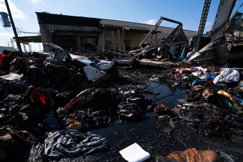 Outside of Savers in Fairview Heights on Oct. 31, 2023, after a three-alarm fire destroyed trailers full of donated clothes and did damage to the rear of the donation center. Joshua Carter/Belleville News-Democrat