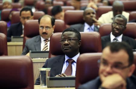 Patrick Kormawa (C), UNIDO regional office director, listens to Nigeria's Health Minister Onyebuchi Chukwu addressing diplomatic envoys on the status of the Ebola disease control in Nigeria at the Foreign Affairs House in Abuja August 7, 2014. REUTERS/Afolabi Sotunde