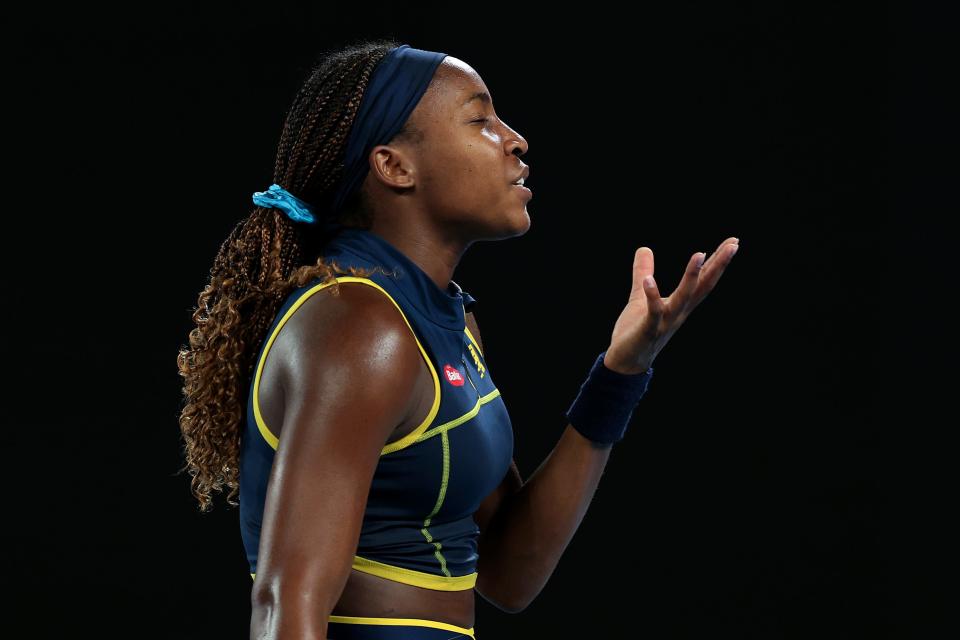 Coco Gauff of the United States reacts in their semifinal singles match against Aryna Sabalenka during the 2024 Australian Open at Melbourne Park on January 25, 2024 in Melbourne, Australia.