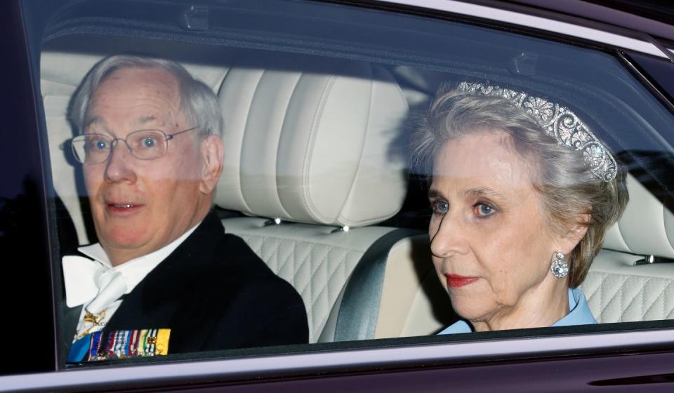 <p>Prince Richard, Duke of Gloucester and Birgitte, Duchess of Gloucester drive to Buckingham Palace. Birgitte appears to be wearing a blue outfit, as well as some stunning earrings and a sparkling tiara.</p>