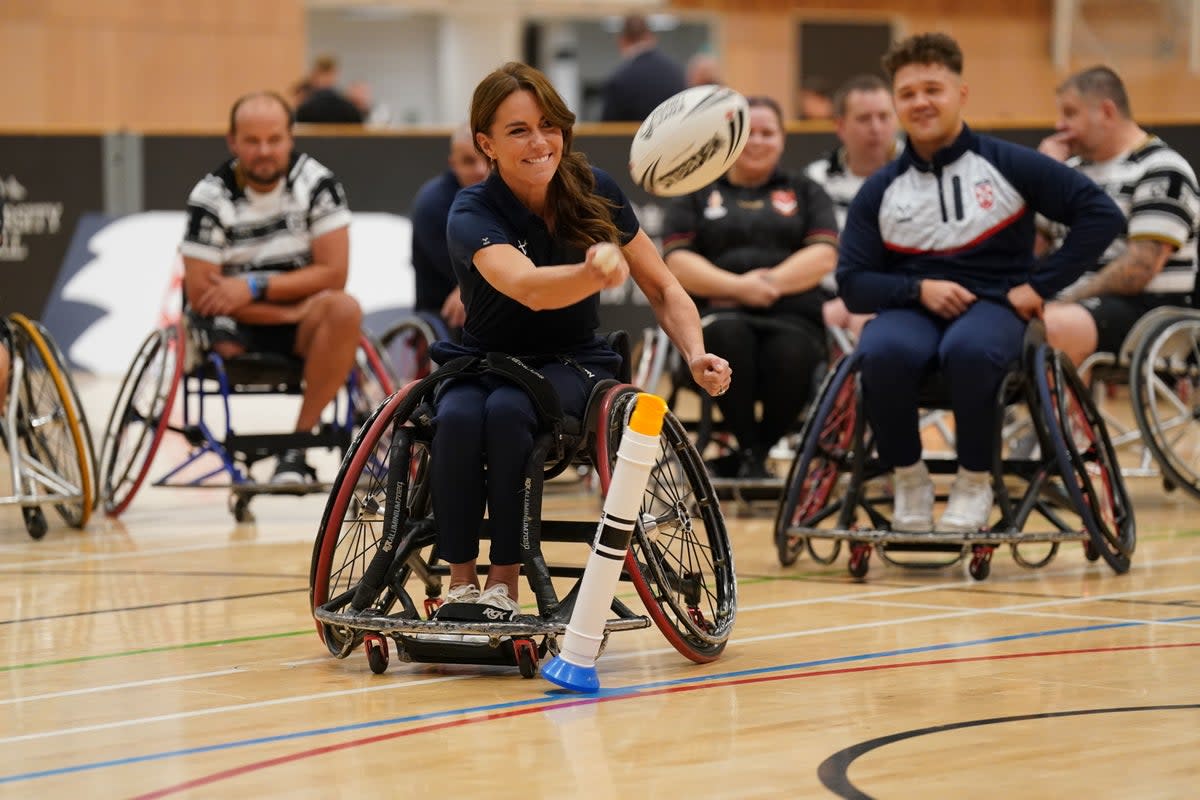 The Princess of Wales takes part in a wheelchair rugby session during a visit to the Allam Sports Centre at the University of Hull  (PA)