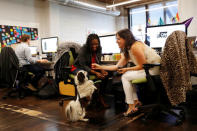 TaskRabbit CEO Stacy Brown-Philpot smiles as Gretchen Ornery feeds Zazoo a dog treat in San Francisco, California, U.S., September 13, 2018. Picture taken September 13, 2018. REUTERS/Stephen Lam