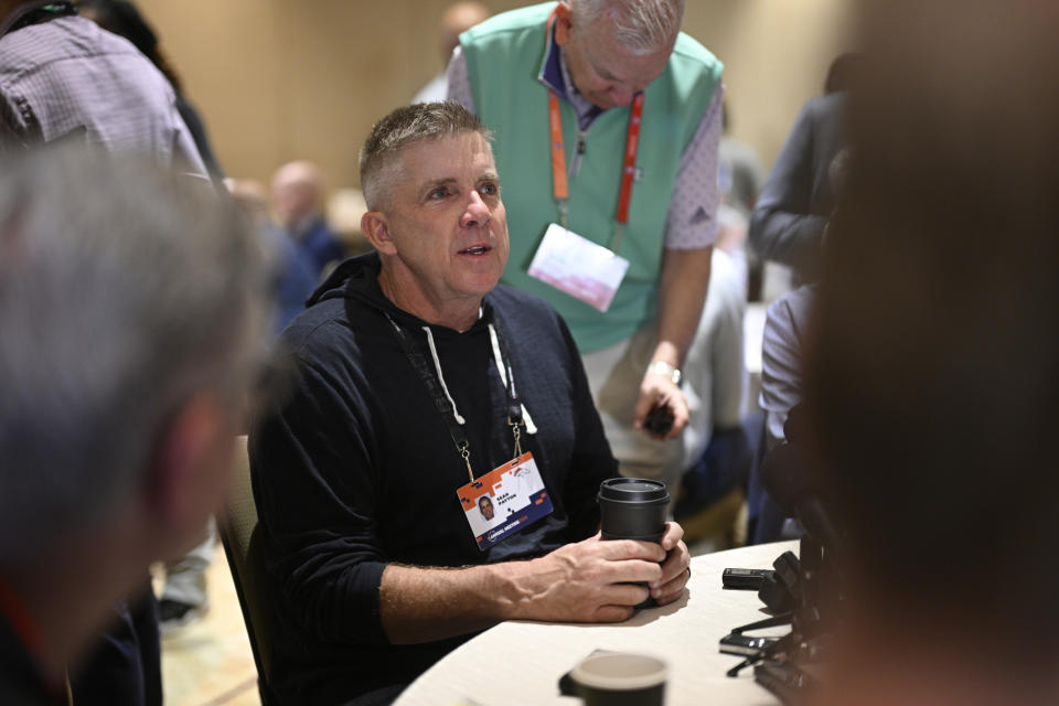 Denver Broncos head coach Sean Payton talks with reporters during an AFC coaches availability at the NFL owners meetings, Monday, March 25, 2024, in Orlando, Fla. (AP Photo/Phelan M. Ebenhack)