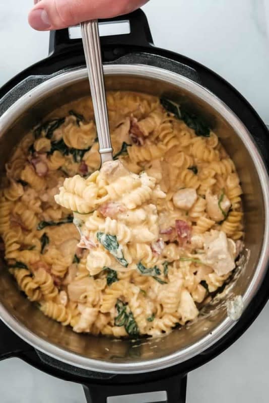 <p>Shugary Sweets</p><p>Crack chicken pasta takes weeknight comfort food to a new level. Made in the Instant Pot, this creamy chicken pasta packed with cheese, spinach and bacon is cooked in 30 minutes!</p><p><strong>Get the recipe: <a href="https://www.shugarysweets.com/instant-pot-crack-chicken-pasta/" rel="nofollow noopener" target="_blank" data-ylk="slk:Instant Pot Crack Chicken Pasta;elm:context_link;itc:0;sec:content-canvas" class="link ">Instant Pot Crack Chicken Pasta</a></strong></p>