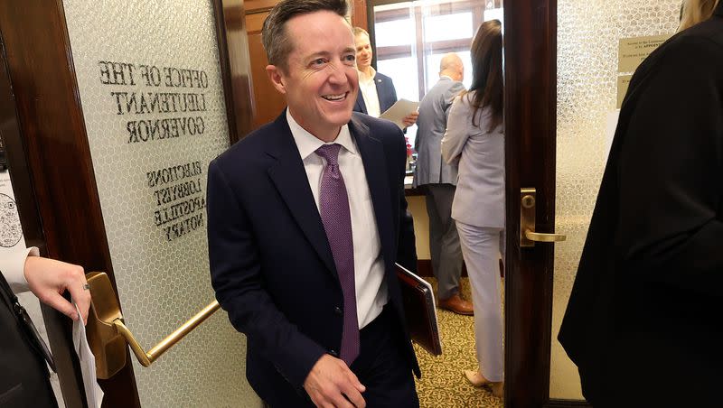 Former Utah GOP Party chairman Derek Brown leaves the Office of the Lieutenant Governor after filing to run for attorney general at the Capitol in Salt Lake City, on Wednesday, Jan. 3, 2024.