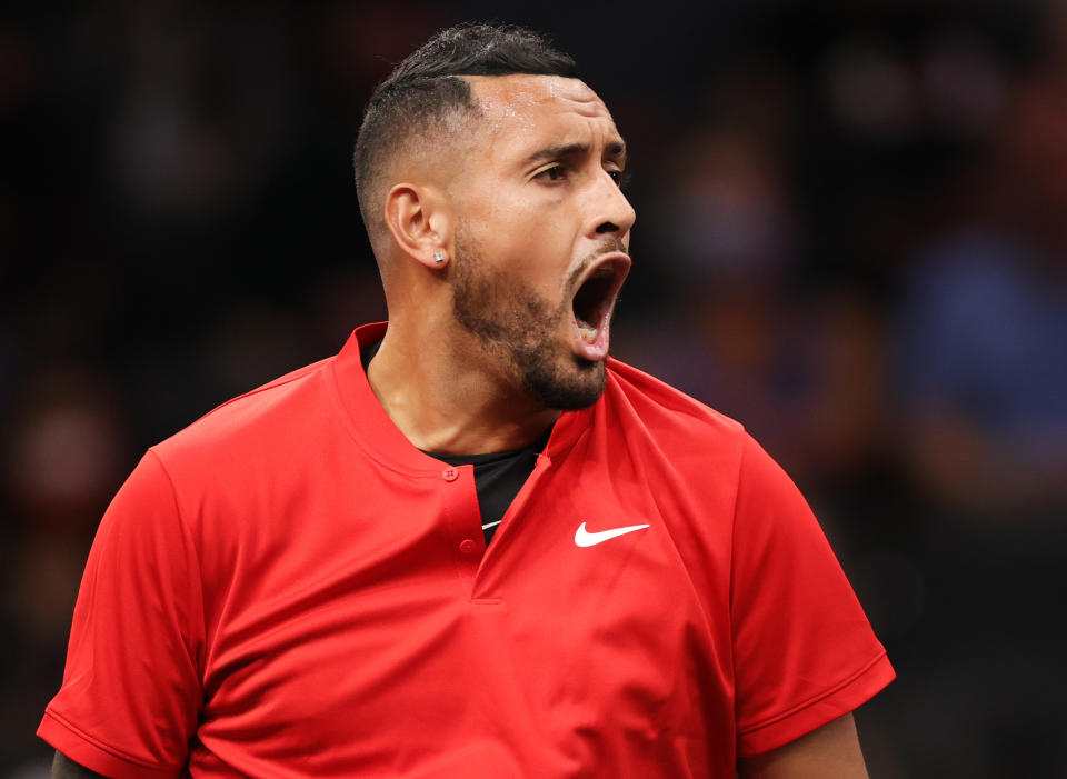 Seen here, Nick Kyrgios reacts to a point in the 2021 Laver Cup competition.