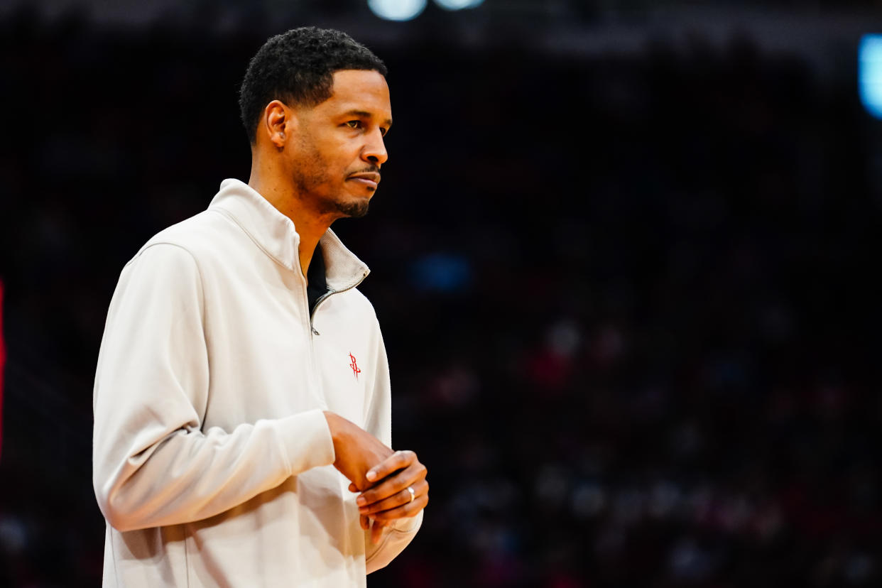 HOUSTON, TX - DECEMBER 05: Coach Stephen Silas of the Houston Rockets looks on during the game agains the New Orleans Pelicans at Toyota Center on December 5, 2021 in Houston, Texas. NOTE TO USER: User expressly acknowledges and agrees that, by downloading and/or using this Photograph, user is consenting to the terms and conditions of the Getty Images License Agreement. (Photo by Alex Bierens de Haan/Getty Images)