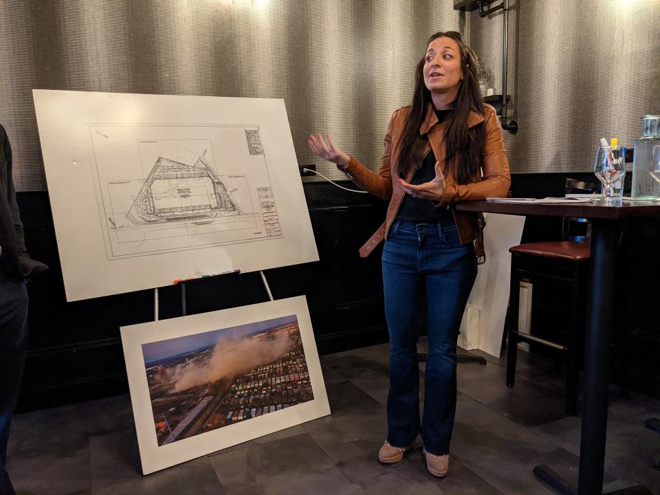 Caitlin O'Rourke speaks about her concerns about Fair Lawn's Nabisco factory implosion and warehouse proposal during a town hall meeting at the Glen Rock Inn on May 4.