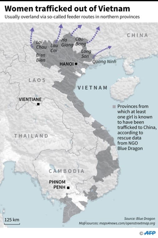 Map highlighting the provinces in Vietnam where girls were known to have been trafficked to China, according to rescue data from NGO Blue Dragon