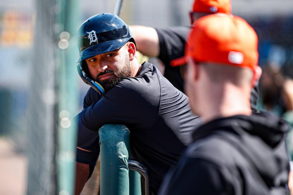 Detroit Tigers outfielder Riley Greene talks to hitting coach Michael Brdar before live batting practice during spring training at TigerTown in Lakeland, Fla. on Friday, Feb. 23, 2024.
