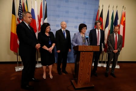 Joanna Wronecka, Polish Ambassador to the United Nations, speaks next to other members, after the U.N. Security Council briefings on implementation of the resolution that endorsed the Iran nuclear deal at the United Nations headquarters in New York