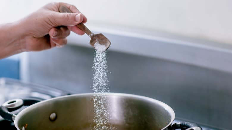 Person adding salt to pot