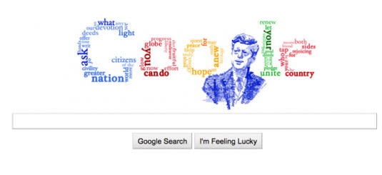 Google logo and a drawing of JFK made up of lines from his speech