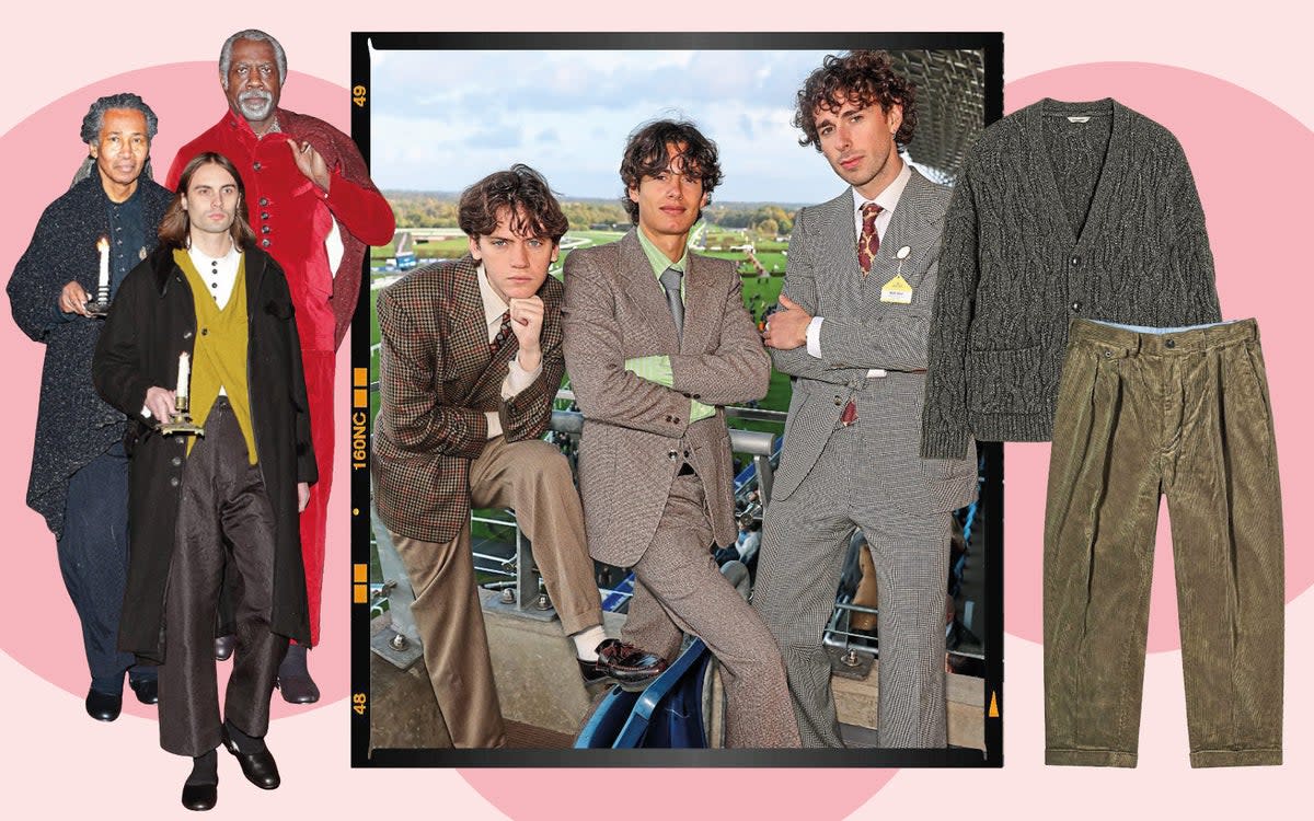 Left to right; designs by John Alexander Skelton; the TikTok boys at Ascot; cardigan, £333, holzweileroslo.com and trousers, £188, endclothing.com (ES)
