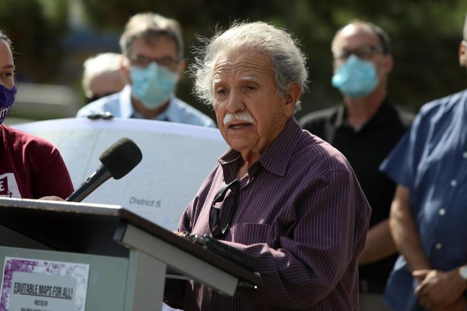 Venancio Gaona of Fresno. Here, he speaks at an Oct. 20, 2021 press conference in front of the county administrative building. JUAN ESPARZA LOERA/Fresno Bee file