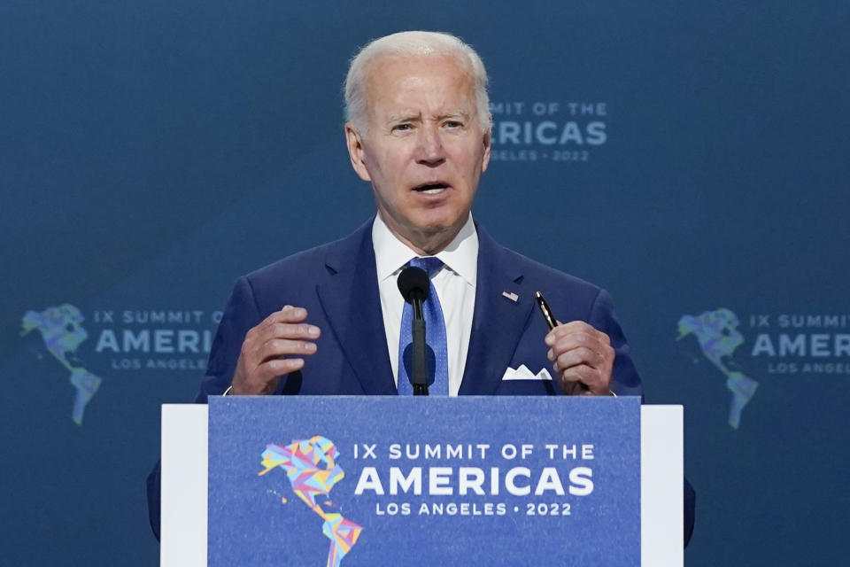 FILE - President Joe Biden speaks during the opening plenary session of the Summit of the Americas, June 9, 2022, in Los Angeles. This past week as Biden played host at the Summit of the Americas his decision to exclude leaders he considers dictators generated considerable drama and prompted a number of other world leaders to boycott the event. (AP Photo/Evan Vucci, File)
