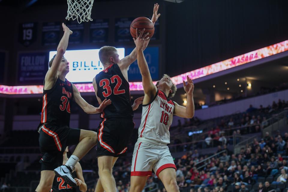 Brandon Valley forward Aiden Zerr (10) hit the biggest shot of the game against Harrisburg on Friday, March 15, 2024 at the Denny Sanford Premier Center in Sioux Falls