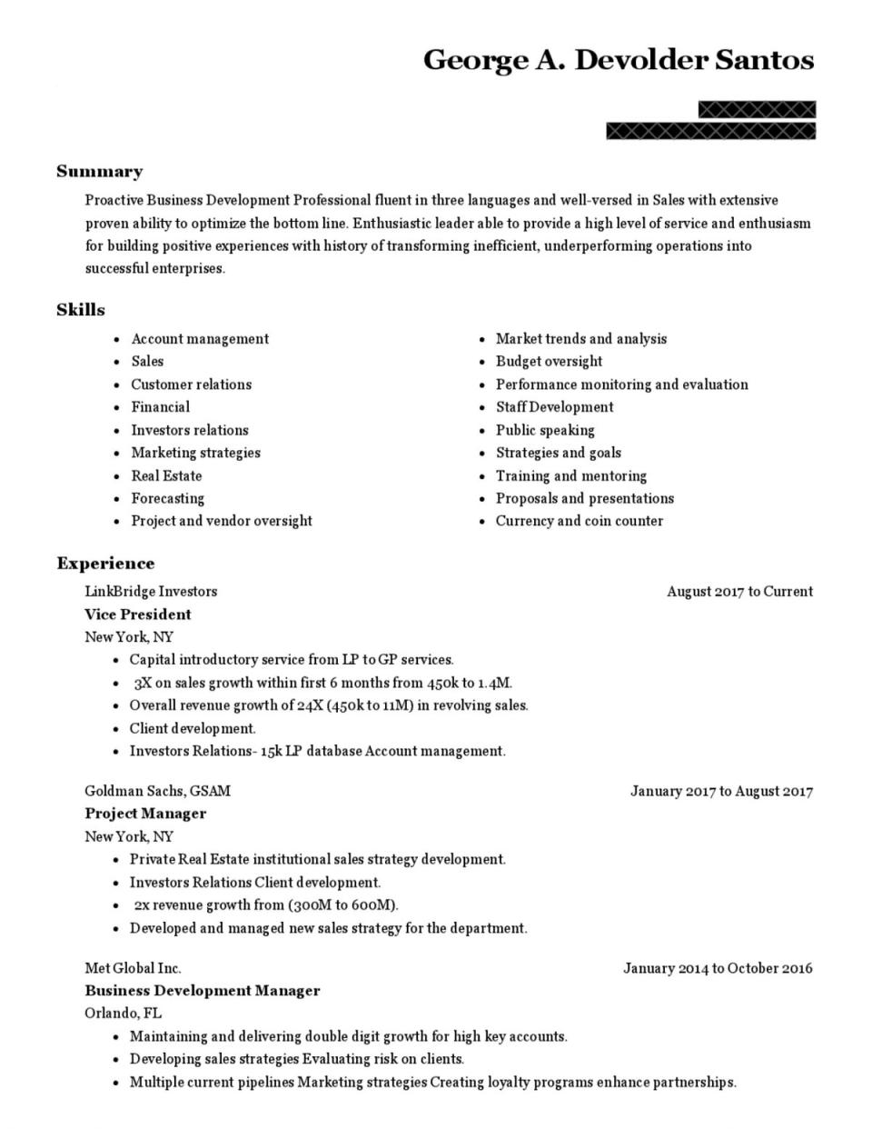 George Santos’s resume, obtained by The New York Times (The New York Times)