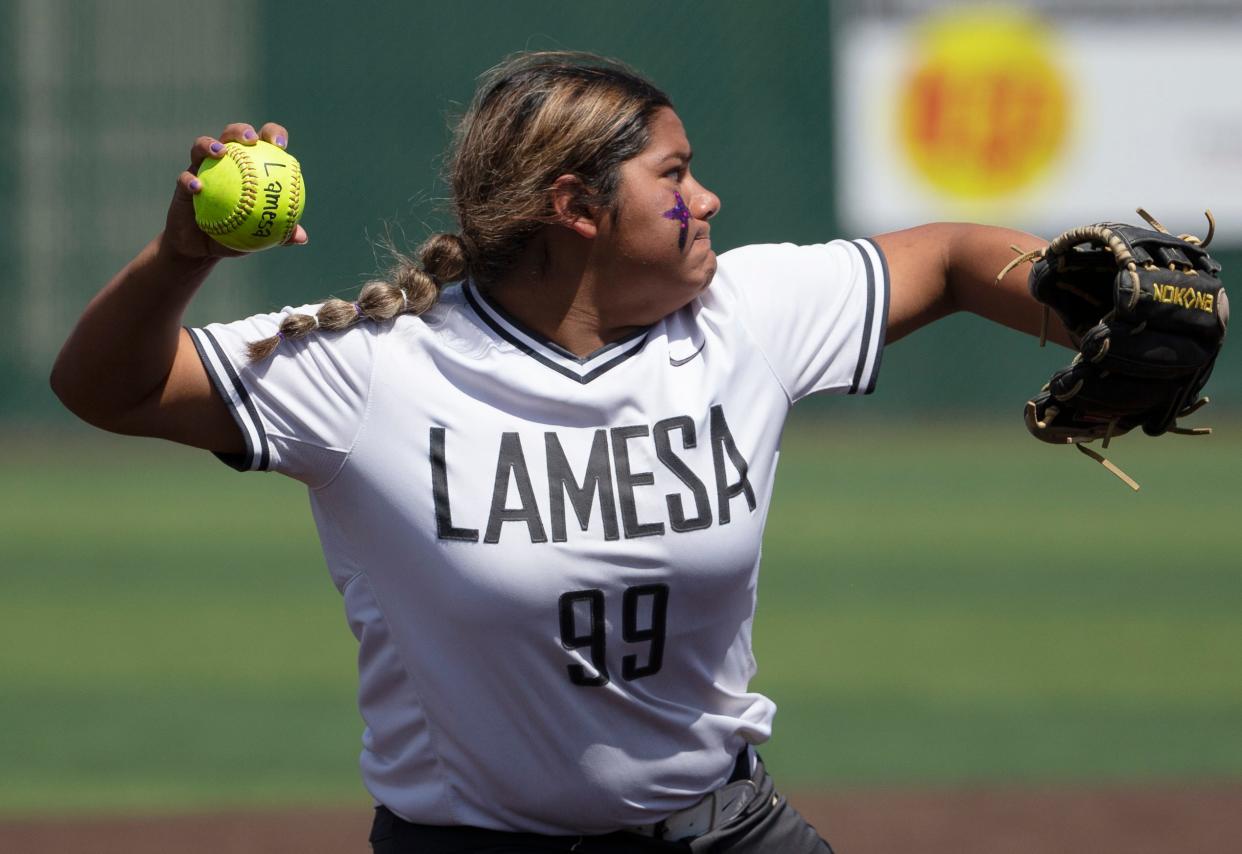 Lamesa's Zoey Sifentes prepares to throw the ball to first base against Abernathy in an area-round playoff game, Saturday, May 7, 2022, at Lubbock-Cooper High School. Lamesa won, 9-1.