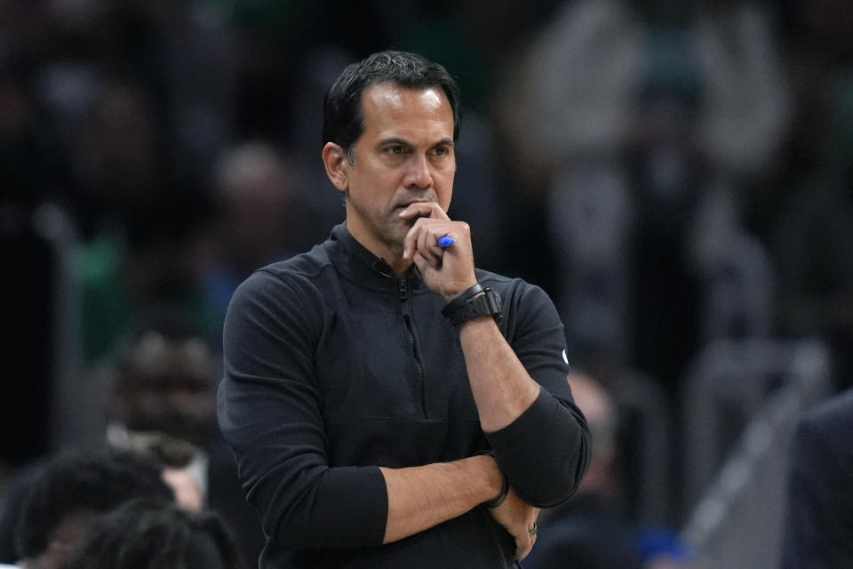 Miami Heat head coach Erik Spoelstra watches from the bench in the second half of Game 1 of an NBA basketball first-round playoff series against the Boston Celtics, Sunday, April 21, 2024, in Boston. (AP Photo/Steven Senne)