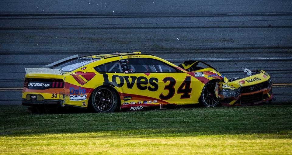 Michael McDowell sits crashed in the Talladega tri-oval at the end of the NASCAR Cup Series race.