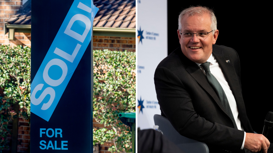 A sold sign out the front of a home and Scott Morrison smiling.