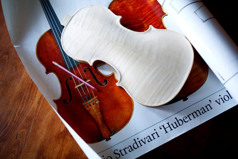 A replica of Antonio Stradivari's 'Huberman' violin in the making is seen at the shop of internationally recognised self-taught craftsman Svetozar Bogdanovski, in Veles