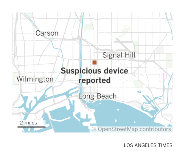 A map shows the location where a suspicious device was reported in Long Beach