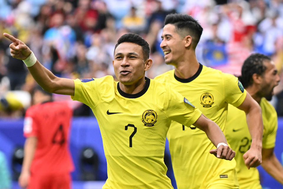 Malaysia forward Faisal Halim celebrates scoring his team's first goal against South Korea at the 2023 AFC Asian Cup in Doha. 