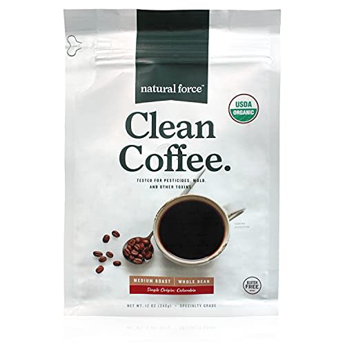 Natural Force - Organic Clean Coffee Classic, Mold & Mycotoxin Free, Lab Tested for Toxins & Purity, Low Acidity, Incredible Taste & Aroma, Whole Bean Medium Roast, 12 oz