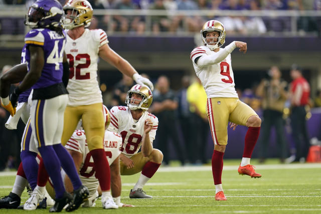 San Francisco 49ers linebacker Segun Olubi (49) lines up for play during  the second half of an NFL preseason football game against the Minnesota  Vikings Saturday, Aug. 20, 2022, in Minneapolis. (AP