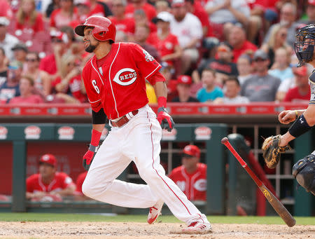 Sep 4, 2017; Cincinnati, OH, USA; Cincinnati Reds center fielder Billy Hamilton watches after hitting a game winning solo home run against the Milwaukee Brewers in the ninth inning at Great American Ball Park. David Kohl-USA TODAY Sports