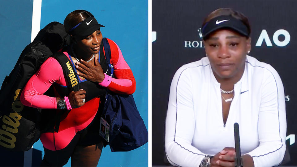 Serena Williams (pictured left) with a heartfelt wave to the crowd after her Australian Open loss and (pictured right) tearing up in the press conference.