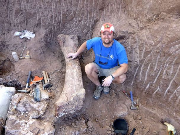 PHOTO: Paleontologist Peter Makovicky is seen at the excavation site in Argentina's northern Patagonia region where fossils of the Cretaceous Period meat-eating dinosaur Meraxes gigas, including a nearly complete skull, were unearthed. (Akiko Shinya via Reuters)