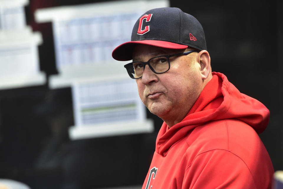 Cleveland Guardians manager Terry Francona looks on from the dugout before Game 4 of a baseball AL Division Series against the New York Yankees, Sunday, Oct. 16, 2022, in Cleveland. (AP Photo/Phil Long)