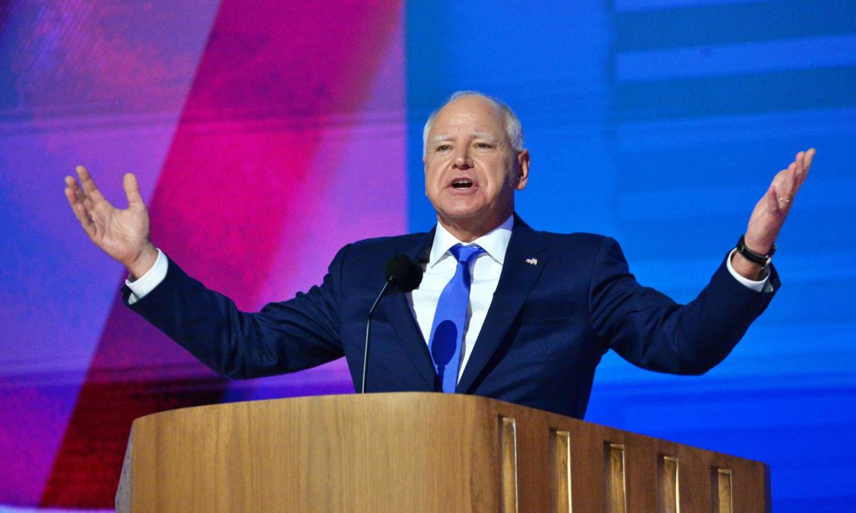 <span>Tim Walz makes a speech during the Democratic national convention in Chicago, Illinois, last week.</span><span>Photograph: Anadolu/Getty Images</span>